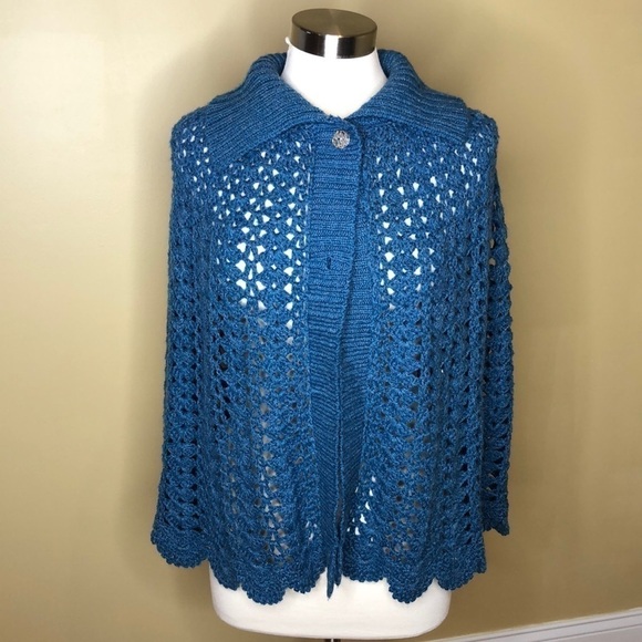 Kimchi & Blue For Anthropologie Light Blue and Gold Thread Crocheted Cape Poncho - Picture 1 of 8